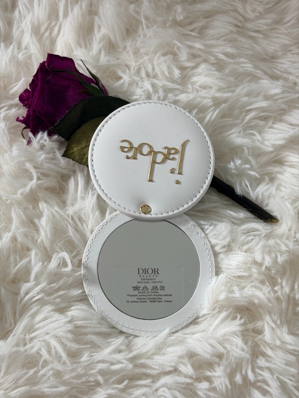 Dior J'adore White Leather Compact Mini Round Mirror with Gold Logo Brand New